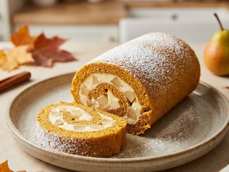 Pumpkin Roll with Light Cream and Pears