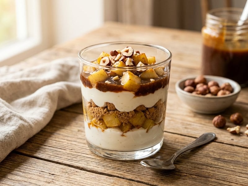 Quark Layered Dessert with Baked Apples and Date Caramel