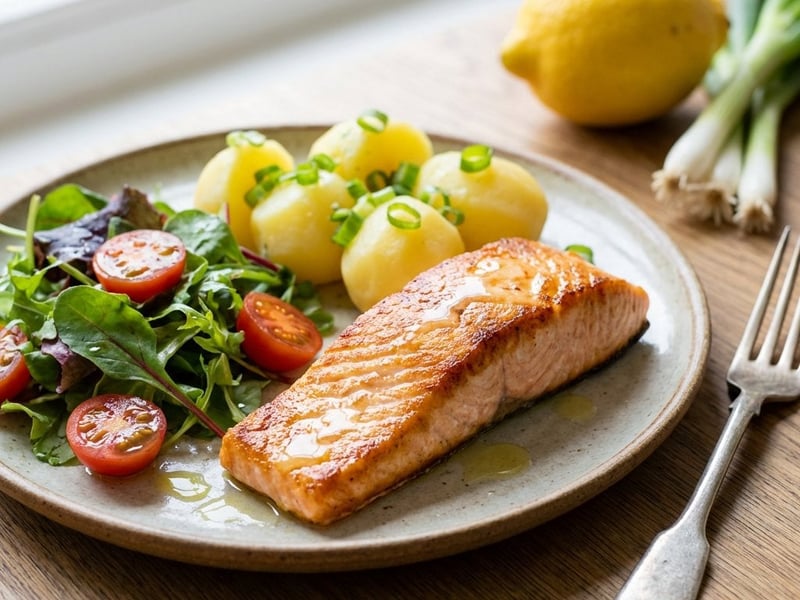 Pan-fried Salmon Fillet with Potatoes and Fresh Salad