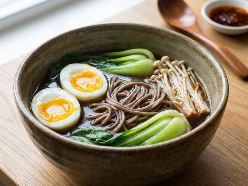 Asian Broth with Soba Noodles, Egg, and Pak Choi