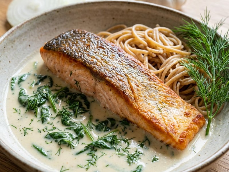Salmon in creamy coconut milk sauce with spinach and dill