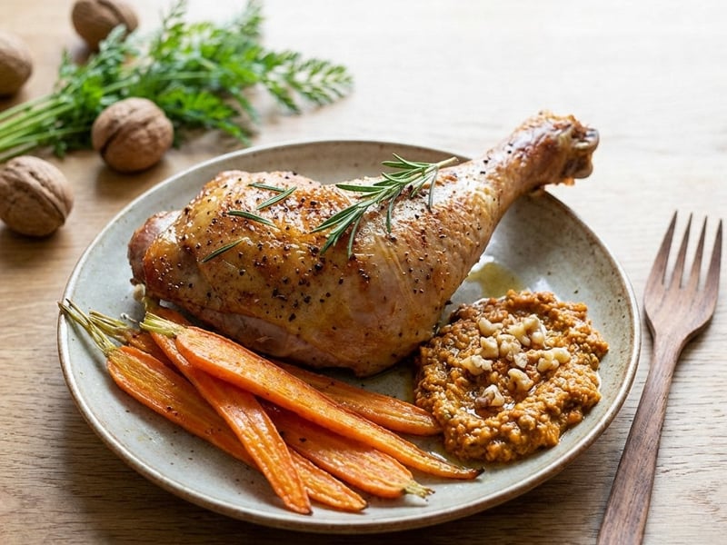 Roasted Turkey Leg with Carrots and Carrot Top Pesto