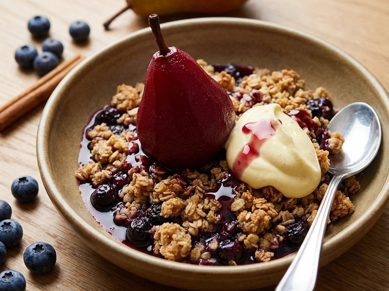 Birnen-Heidelbeer-Crumble mit pochierten Birnen und Vanillecreme