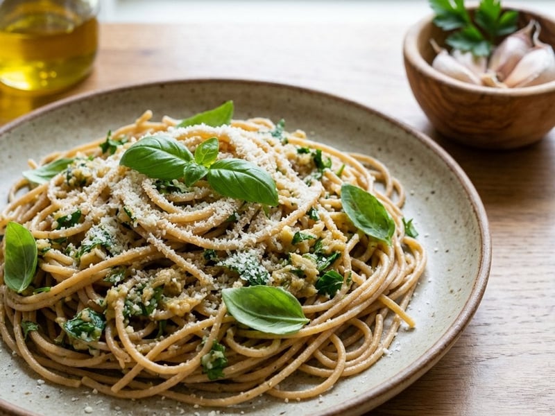 Vollkornspaghetti mit geröstetem Knoblauch-Pesto