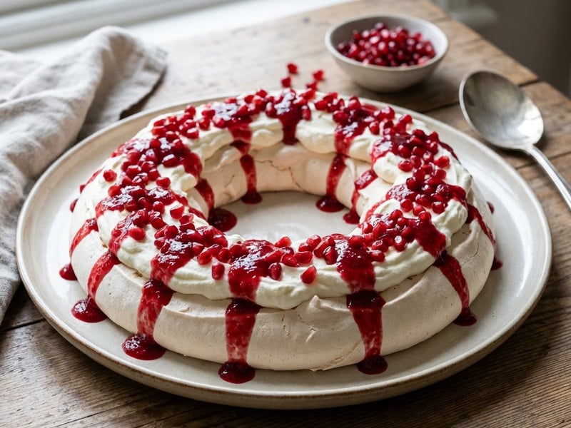 Pavlova Wreath with Pomegranate and Raspberry Sauce