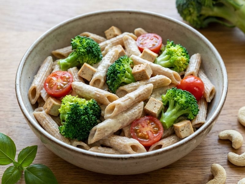 Whole wheat pasta with creamy cashew sauce and broccoli