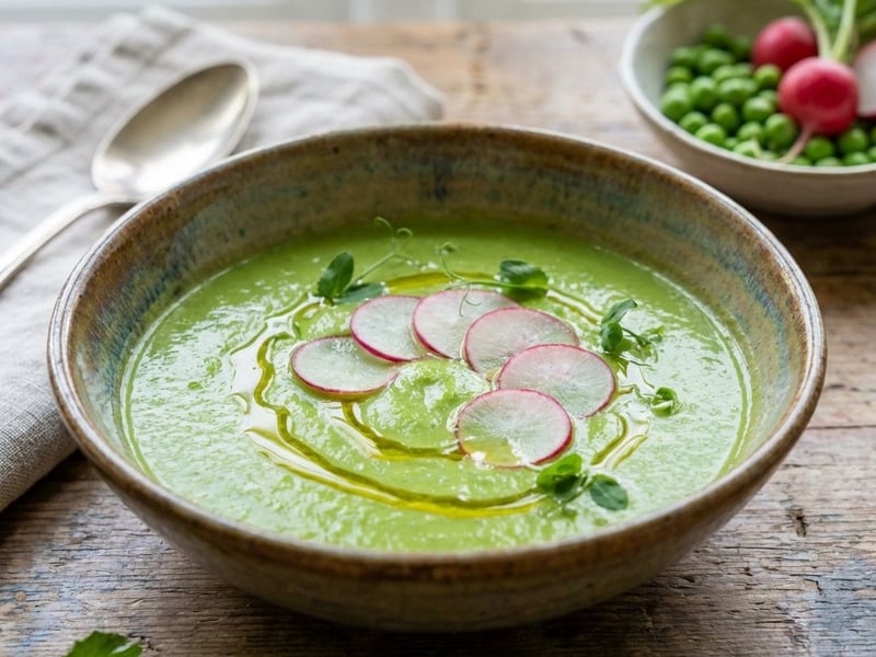 Green Pea Cream Soup with Radishes