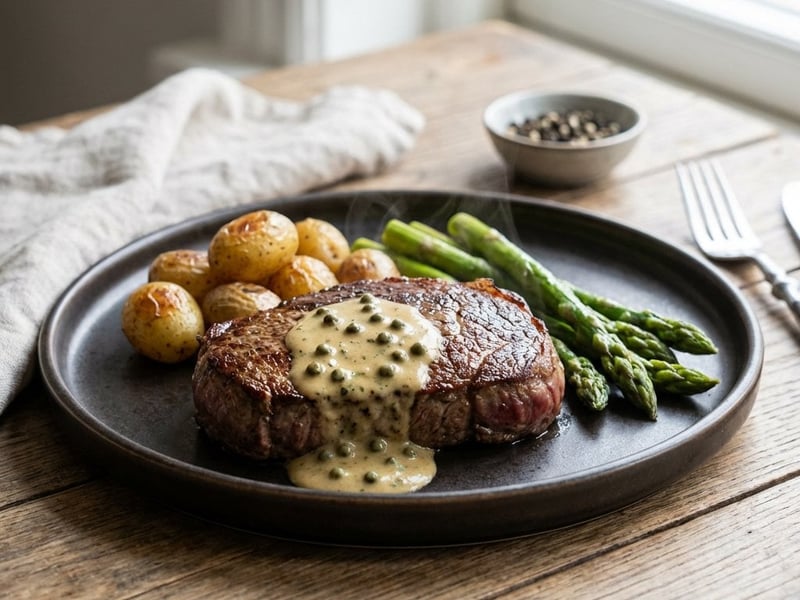 Steak with Creamy Green Peppercorn Sauce
