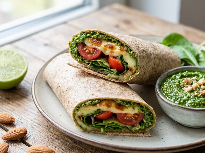 Wrap with grilling cheese, spinach pesto and tomatoes