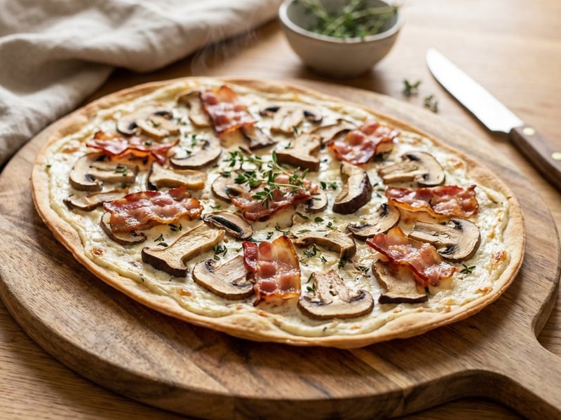 Flammkuchen with Mushrooms and Bacon | Crispy Delight