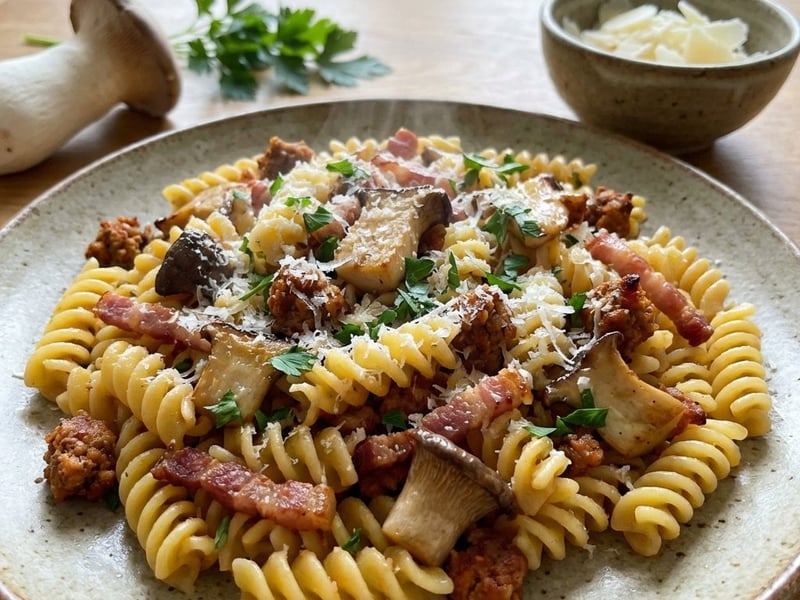 Fusilli with Salsiccia and King Oyster Mushrooms