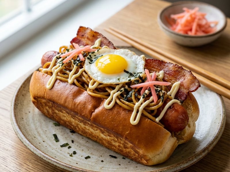 Hot Dog with Noodles and Crispy Bacon