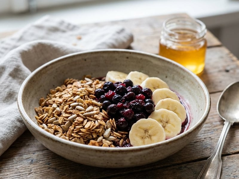 Crispy Granola with Sunflower Seeds & Berry Compote