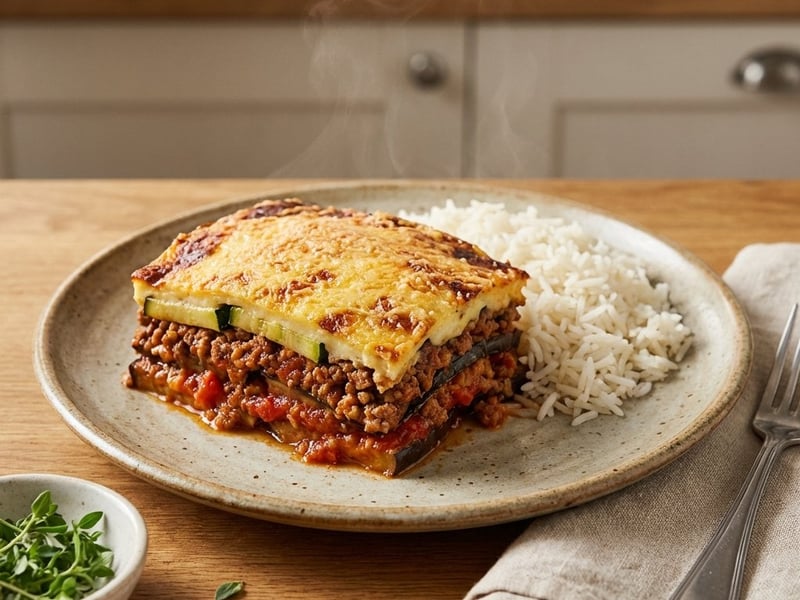 Eggplant-Zucchini Moussaka with Rice