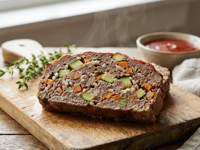 Saftiger Faschierter Braten mit Zucchini und Reis
