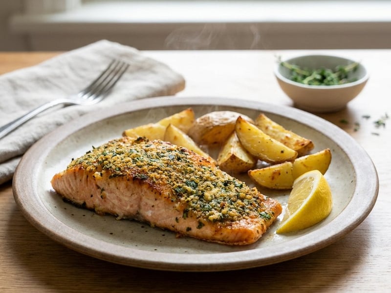 Redfish with Herb Crust and Roasted Potatoes