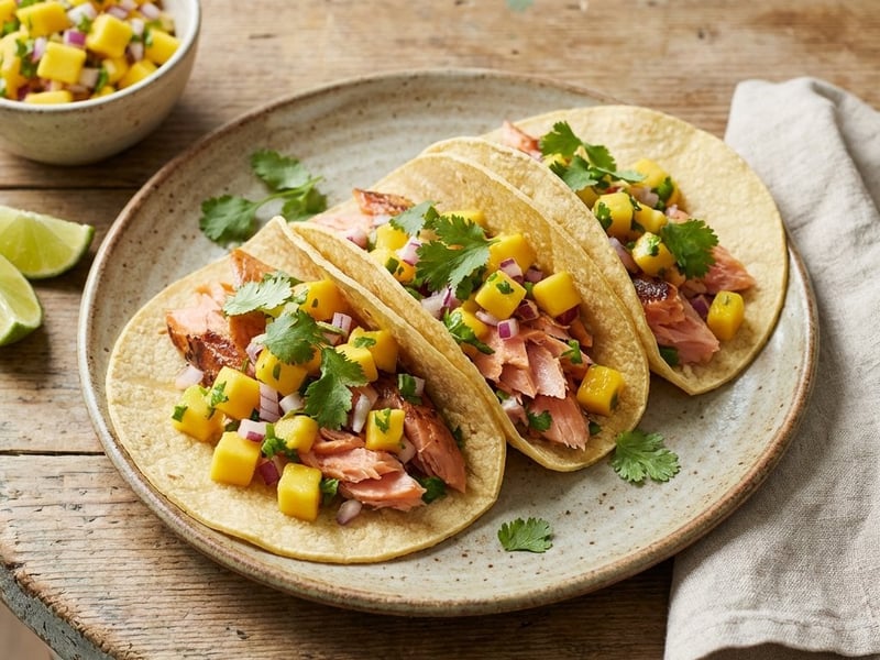 Tacos with Mango-Pineapple Salsa and Smoked Salmon Trout