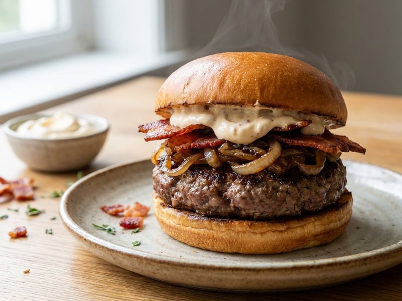 Gegrillter Burger mit karamellisierten Zwiebeln und geräucherter Mayonnaise