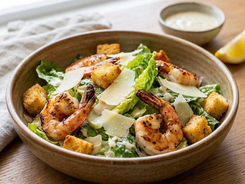 Caesar Salad mit Garnelen & Basilikum-Croutons