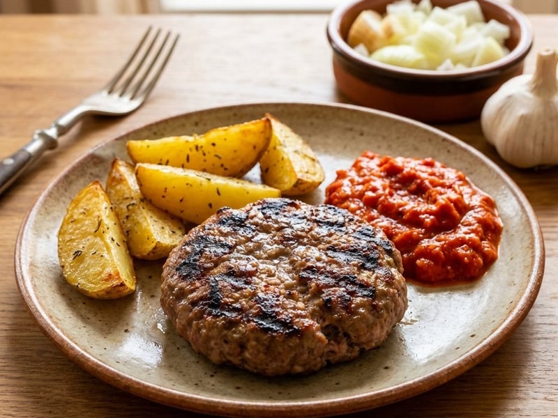 Juicy Pljeskavica with Ajvar and Potatoes