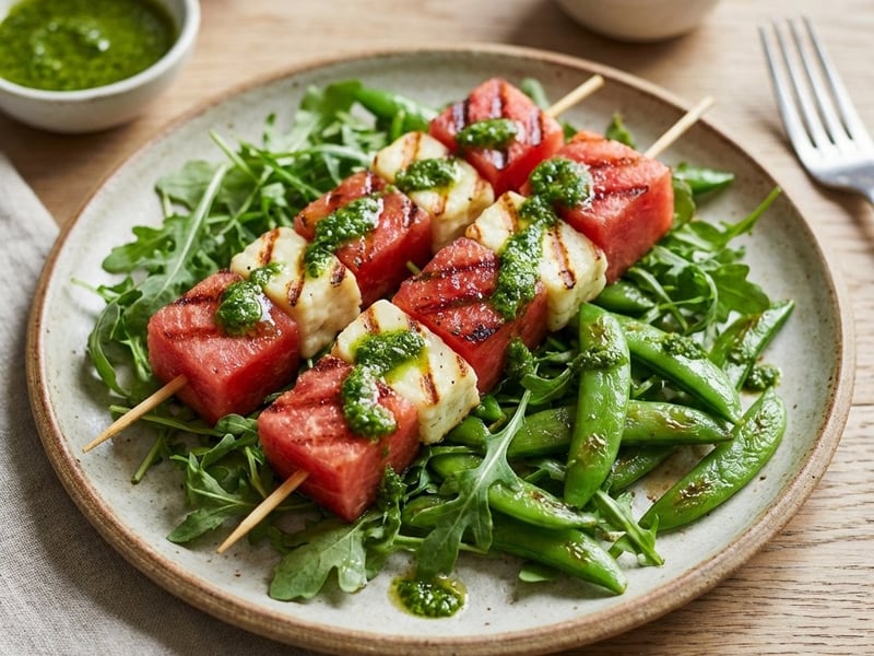 Grilled Melon with Halloumi and Sugar Snap Peas
