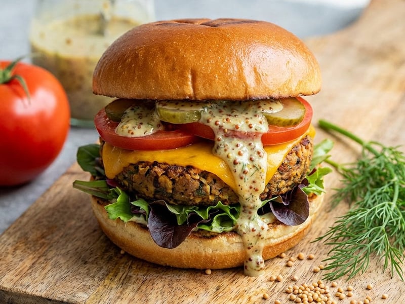 Plant-Based Burger with Mustard-Dill Dressing