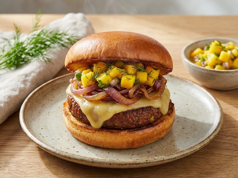 Vegan Burger with Mango Salsa & Caramelized Onions