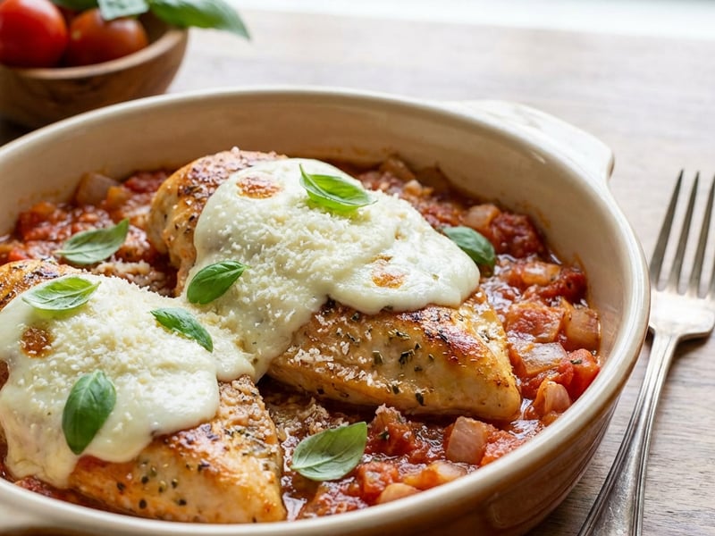 Parmesanhuhn mit Mozzarella und Paradeisern