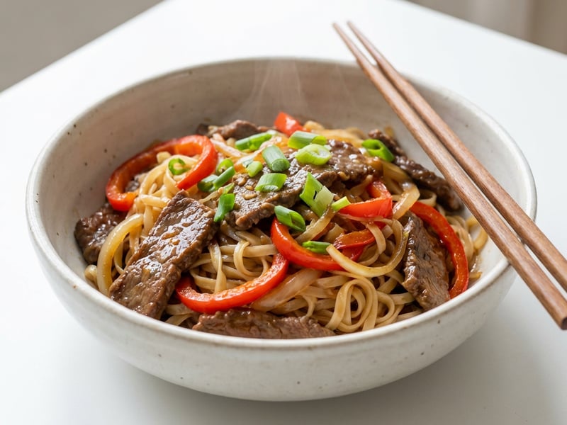 Rindfleisch-Pfanne mit Reisnudeln