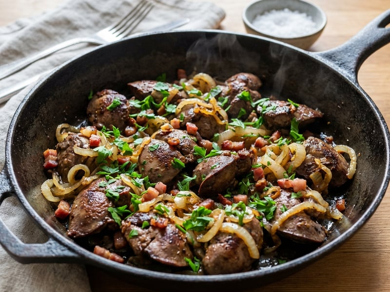 Geröstete Hühnerleber mit Zwiebeln