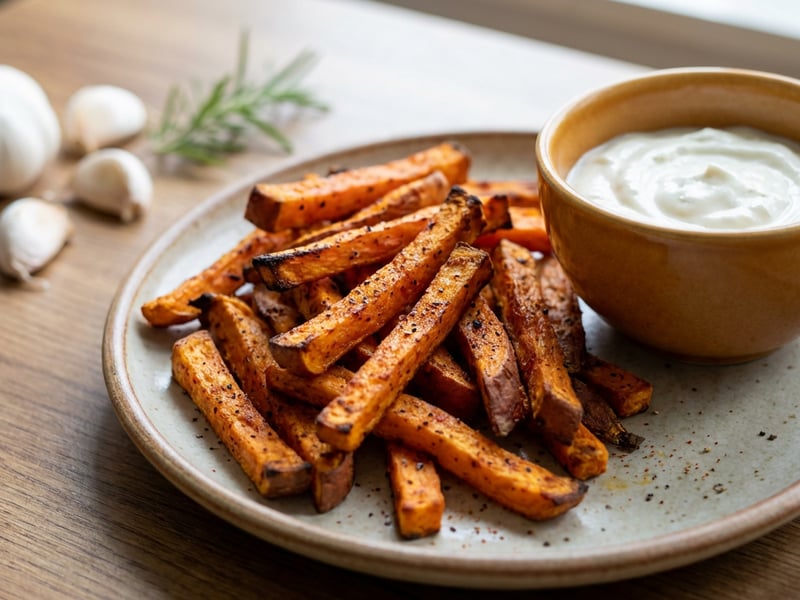 Süßkartoffel-Pommes mit Knoblauch-Dip