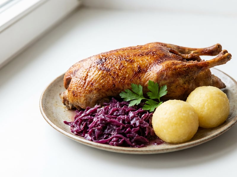 Gebratene Ente mit Rotkraut und Erdäpfelknödeln