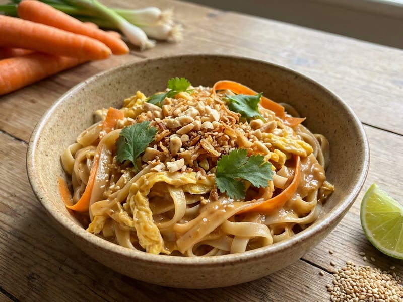Asiatische Nudeln mit Erdnusssauce und Gemüse