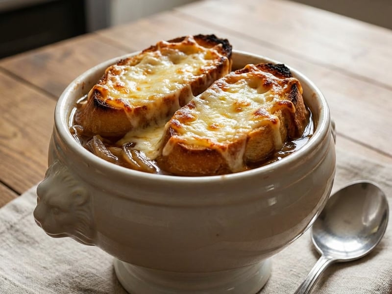 Französische Zwiebelsuppe mit Gruyère gratiniert