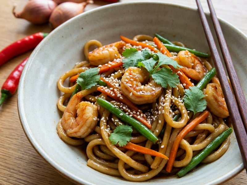 Udon-Nudeln mit Garnelen und Gemüse