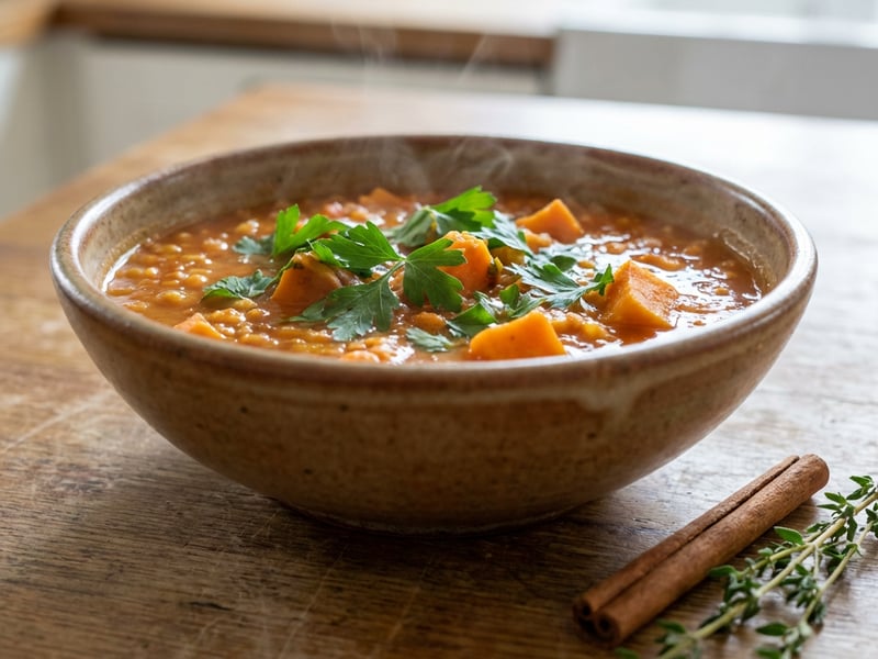 Rote Linsensuppe mit Süßkartoffeln | Proteinreich & Schnell