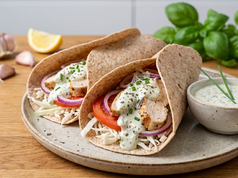 Vollkorn-Tortilla mit Kräuterdressing und Hendl