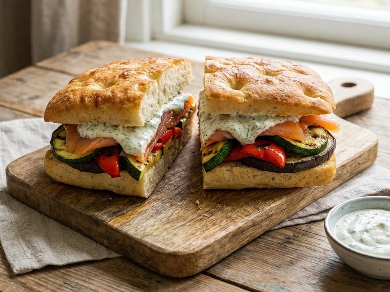 Focaccia with grilled vegetables and smoked salmon