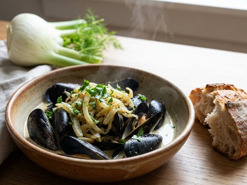 Miesmuscheln in Oberssauce mit Fenchel