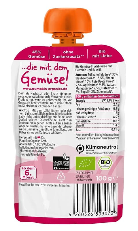 Pumpkin Organics BIO Quetschie mit Süßkartoffel, Blaubeere, Rote Beete, Hafer