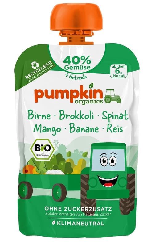 Pumpkin Organics - Bio Gemüse-Getreide-Quetschie Birne, Brokkoli, Spinat, Mango