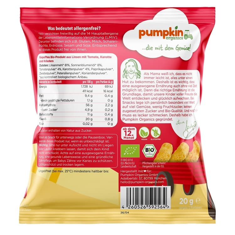 Pumpkin Organics BIO Linsen Puffs mit Tomate, Karotte & Kräutern