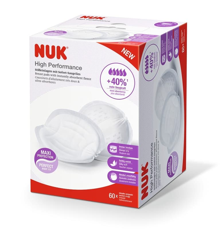 NUK High Performance Stilleinlagen mit Sofort-Saugvlies, sicherer Schutz für Haut und Kleidung, starke Saugkraft, körpergerechte Passform, hautfreundlich, 60er Packung