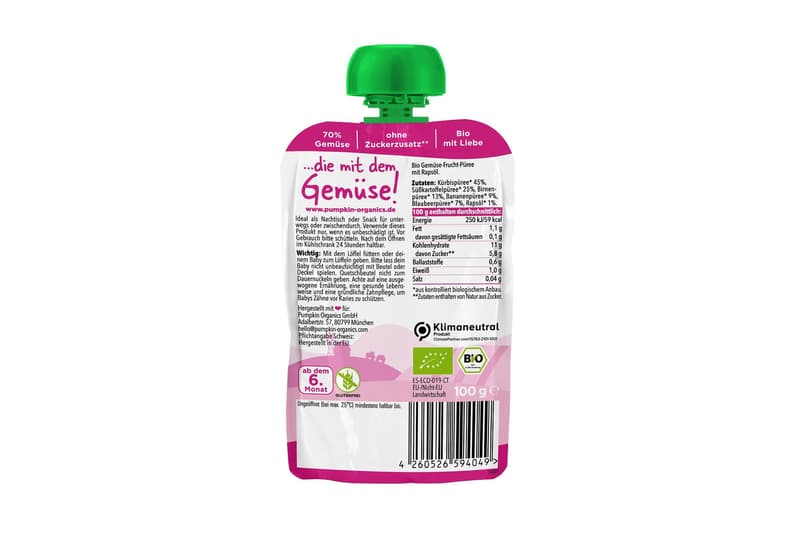Pumpkin Organics - Bio Gemüse-Quetschie Kürbis, Süßkartoffel, Birne, Banane, Blaubeere