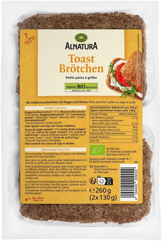 Alnatura Bio Vollkorntoastbrötchen aus Roggen und Weizen geschnitten