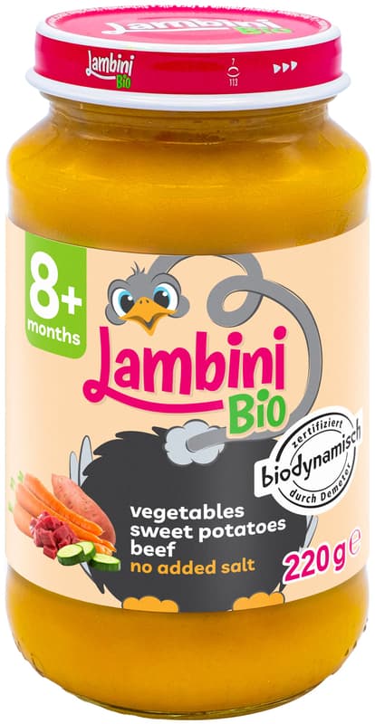 Lambini BIO demeter Karotten Zucchini Süßkartoffel Rind, ab dem 8. Monat