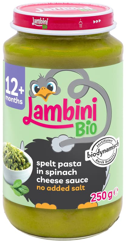 Lambini BIO demeter Dinkelpasta in Spinat-Käse-Sauce, ab dem 12. Monat