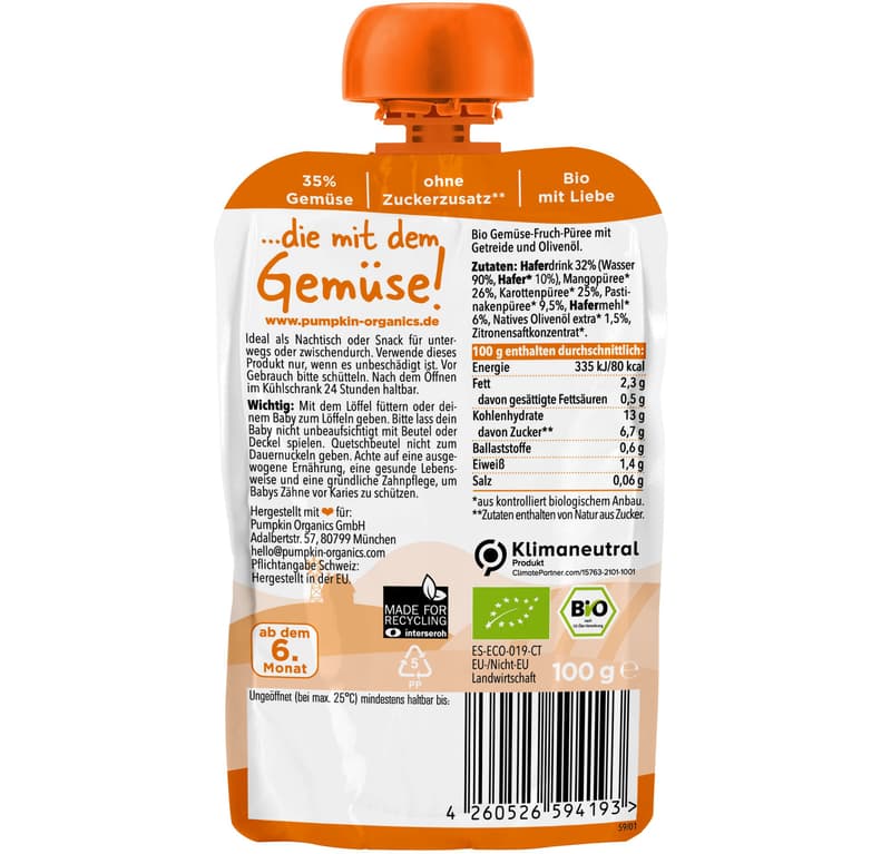 Pumpkin Organics BIO Gemüse-Getreide-Quetschie Mango, Karotte, Pastinake, Hafer