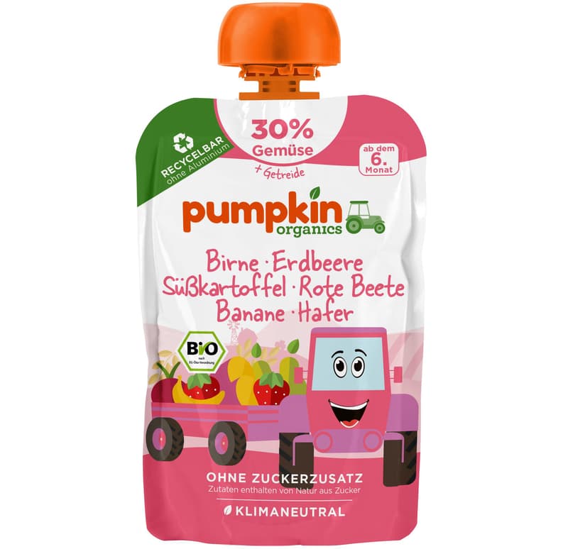 Pumpkin Organics BIO Gemüse-Getreide-Quetschie Birne, Erdbeere, Süßkartoffel, Rote Beete, Hafer