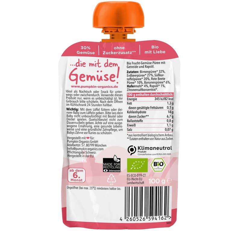 Pumpkin Organics BIO Gemüse-Getreide-Quetschie Birne, Erdbeere, Süßkartoffel, Rote Beete, Hafer